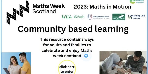 The image shows a preview of the Community Learning Thinglink. In the bottom left is a photo of two adults holding a laptop. In the bottom right is a photo of a mother and father reading a book together with their child. The text on the preview reads "Community based learning - this resource maintains ways for adults and families to celebrate and enjoy Maths Week Scotland"