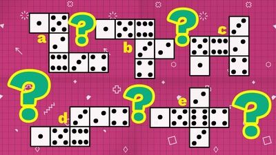 Domino tiles interspersed with green and yellow question marks, on a bright pink background.