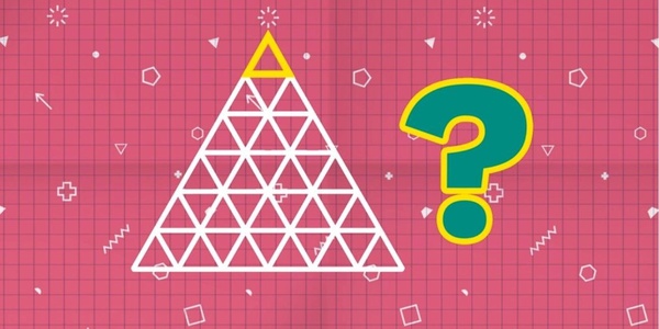 A white Sierpinsky triangle next to a big green and yellow question mark, on a bright pink background.