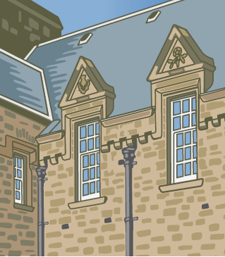 A graphic drawing showing a close upon three windows at Edinburgh Castle.