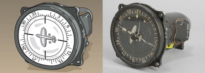 On the left is a graphic drawing of compass, with the needle in the shape of a small plane. The cardinal directions are missing in the drawing. On the right is a photograph of the original compass the drawing is based on.
