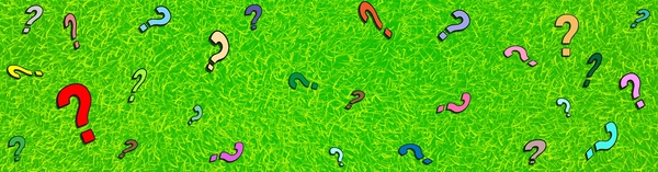 An illustrated green astroturf background with lots of question marks in different colours and sizes on top of it.