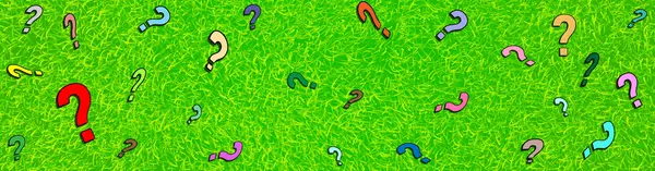 An illustrated green astroturf background with lots of question marks in different colours and sizes on top of it.