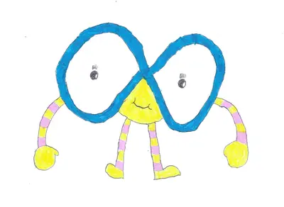 A drawing of a maths mascot consisting of a giant infinity blue sign with with a face, with pink and yellow striped arms and legs.