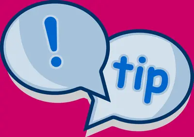 Two speech bubbles on a bright pink background. One speech bubble has an exclamation mark inside, and the other says "tip".
