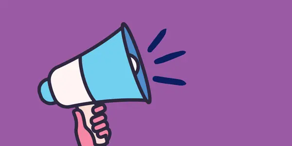 A graphic image of a hand holding a blue and white megaphone. The background of the image is purple.