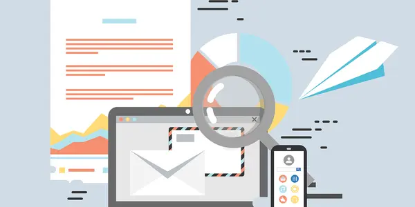 A graphic showing different forms of communication. In the middle, there is a computer laptop with an image of an envelope on the screen. Next to that is a smart phone. Behind the computer is a letter and a paper airplane. A magnifying glass is above the top right corner of the computer.