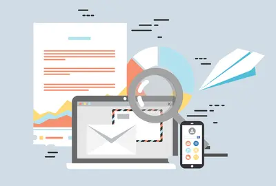 A graphic showing different forms of communication. In the middle, there is a computer laptop with an image of an envelope on the screen. Next to that is a smart phone. Behind the computer is a letter and a paper airplane. A magnifying glass is above the top right corner of the computer.