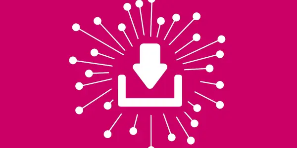 A white arrow pointing downwards in to a white tray, which lots of white lines radiating out from centre. The lines have dots at the end. The background of the image is bright pink.