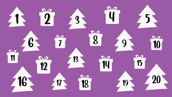 The numbers 1 to 20 are displayed inside white shapes, alternating between trees and presents. The background is purple.