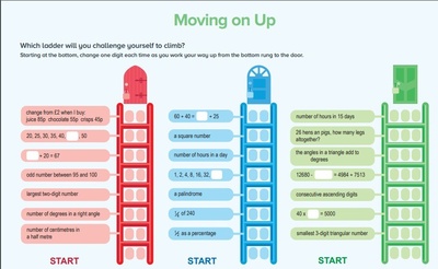 At the top of the image are the words "Moving in Up", followed by "Which ladder will you challenge yourself to to climb? Starting at the bottom, change one digit each time as you work your way up from the bottom rung to the door." Below the text are three coloured doors, one red, one blue, one green, with ladders of the same colour below them. Next to each ladder rung is a maths question to answer.