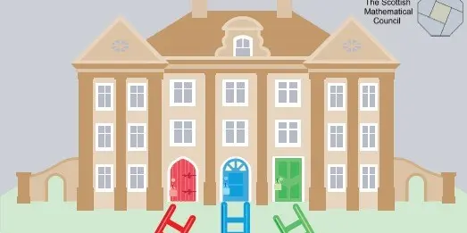 A graphic drawing of a Manor House with three coloured doors, one red, one blue and one green. In front of the doors are red, blue and green ladders. In the top right of the image is the logo of the Scottish Mathematical Council.