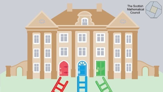 A graphic drawing of a Manor House with three coloured doors, one red, one blue and one green. In front of the doors are red, blue and green ladders. In the top right of the image is the logo of the Scottish Mathematical Council.