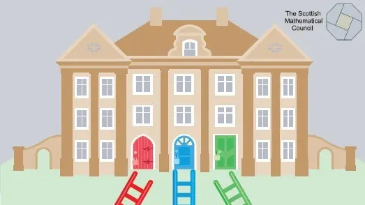 A graphic drawing of a Manor House with three coloured doors, one red, one blue and one green. In front of the doors are red, blue and green ladders. In the top right of the image is the logo of the Scottish Mathematical Council.