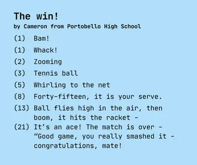 The win!
by Cameron from Portobello High School

(1)  Bam!

(1)  Whack!

(2)  Zooming

(3)  Tennis ball

(5)  Whirling to the net 

(8)  Forty-fifteen, it is your serve.

(13) Ball flies high in the air, then
     boom, it hits the racket -
(21) It’s an ace! The match is over - 
     “Good game, you really smashed it -
     congratulations, mate!