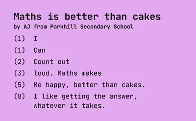 Maths is better than cakes
by AJ from Parkhill Secondary School

(1)  I

(1)  Can

(2)  Count out

(3)  loud. Maths makes

(5)  Me happy, better than cakes. 

(8)  I like getting the answer, 
     whatever it takes.
