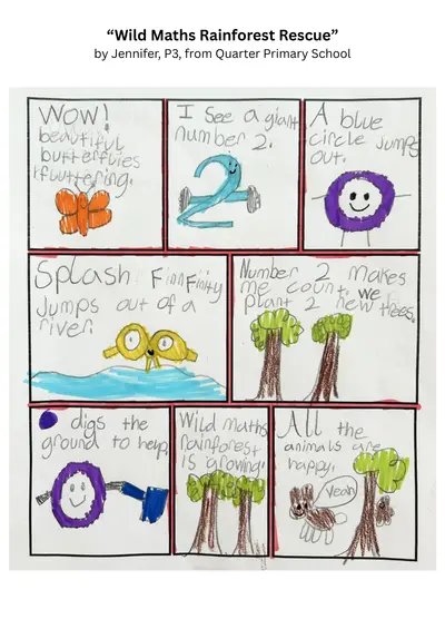 Wild Maths Rainforest Rescue, by Jennifer, P3, from Quarter Primary School

Comic Strip

Picture 1: A butterfly. "Wow! Beautiful butterflies fluttering."

Picture 2: A number two. "I see a giant number2."

Picture 3: A circle. "A blue circle jumps out."

Picture 4: Finn Finity amongst some water. "Splash. Finn Finity jumps out of a river."

Picture 5: Two trees. "Number 2 makes me count. We plant 2 new trees."

Picture 6: A circle holding a shovel. "Circle digs the ground to help."

Picture 7: Two trees. "Wild maths rain forest is growing."

Picture 8: One tree plus some animals. "All the animals are happy. Yeah."