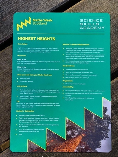 A photo of a print out of the Science Skills Academy activity card "Highest Heights".