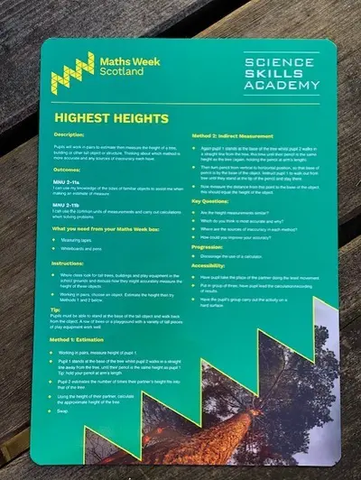 A photo of a print out of the Science Skills Academy activity card "Highest Heights".