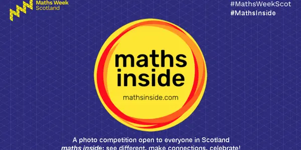 This graphic shows a yellow circle with a red rim around it, on a navy blue background. Inside the circle are the words maths inside and the URL mathsinside.com