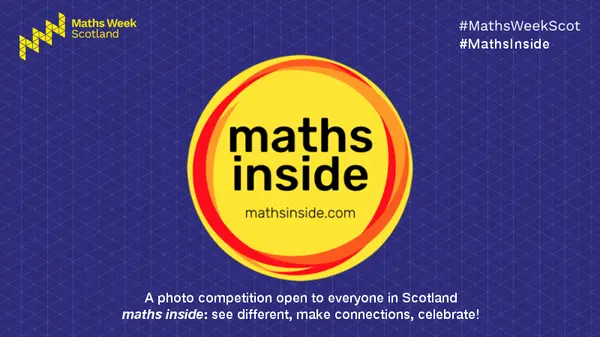 This graphic shows a yellow circle with a red rim around it, on a navy blue background. Inside the circle are the words maths inside and the URL mathsinside.com