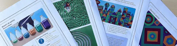 A cropped close up of four printed out sheets from the activity packs, showing different activities. One sheet shows bottles with different coloured liquids in them, one sheet shows mazes, and the other two sheets show geometric shapes.