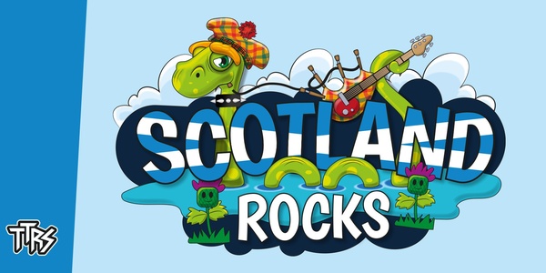 The image shows a Loch Ness Monster wearing a hat and holding a set of electric bagpipes. It is shown in water, with two thistles with smiley faces in front of it. In the middle of the image are the words Scotland Rocks, with the word Scotland showing a saltire cross.