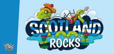 The image shows a Loch Ness Monster wearing a hat and holding a set of electric bagpipes. It is shown in water, with two thistles with smiley faces in front of it. In the middle of the image are the words Scotland Rocks, with the word Scotland showing a saltire cross.
