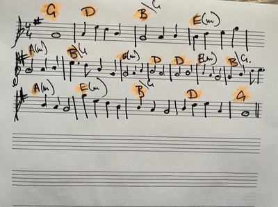 A photograph of some hand written sheet music.