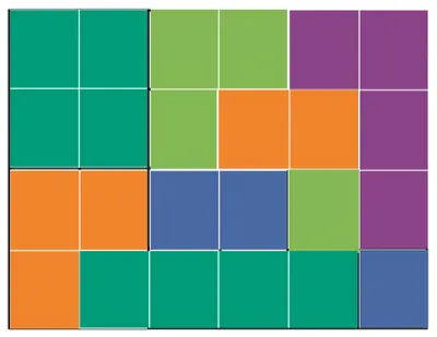 A four by six grid, filled with different coloured squares.